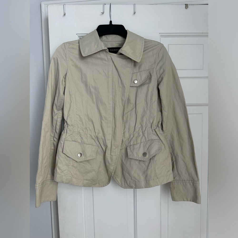Talbots Womens Beige Full Zip Jacket Size 2 Asymmetrical Nylon Blend Pockets